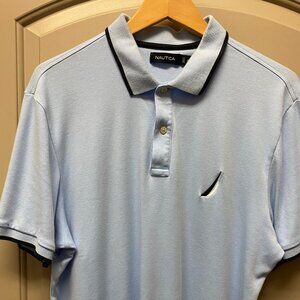 Men's sky blue Nautica polo Sz XL, w/ Navy blue trim at collar and sleeve cuffs